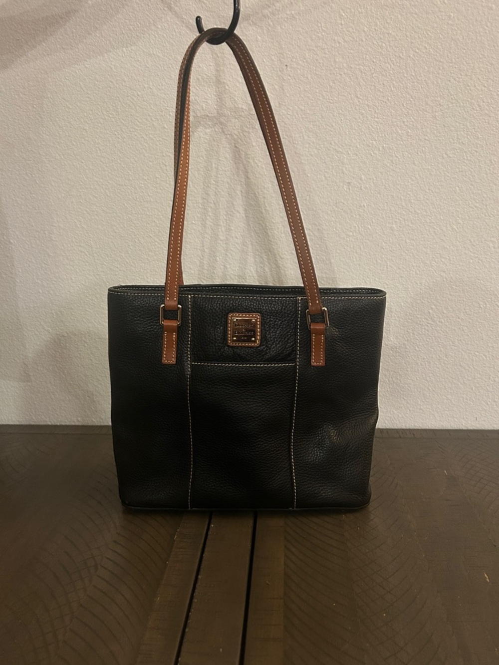 Dooney & Bourke Black Leather Lexington Shopper Tote with Brown Straps